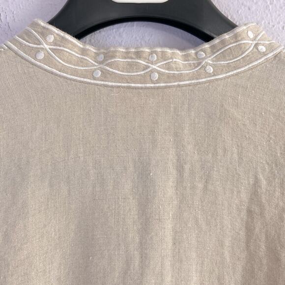 Charter Club Women Beige 100% Linen Embroidered Peasant Style Top Size 14 - Picture 7 of 8
